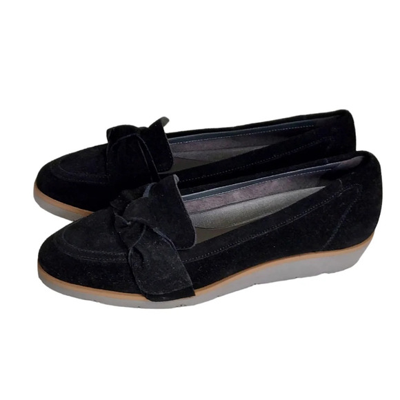 Aerosoles Black Suede Sidewalk Bow Trim Pointed Toe Small Wedge Loafers Slip Ons - Picture 2 of 14